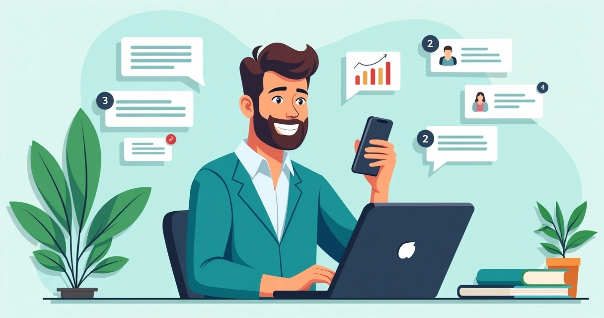 Homem sorrindo escrevendo frases no celular 