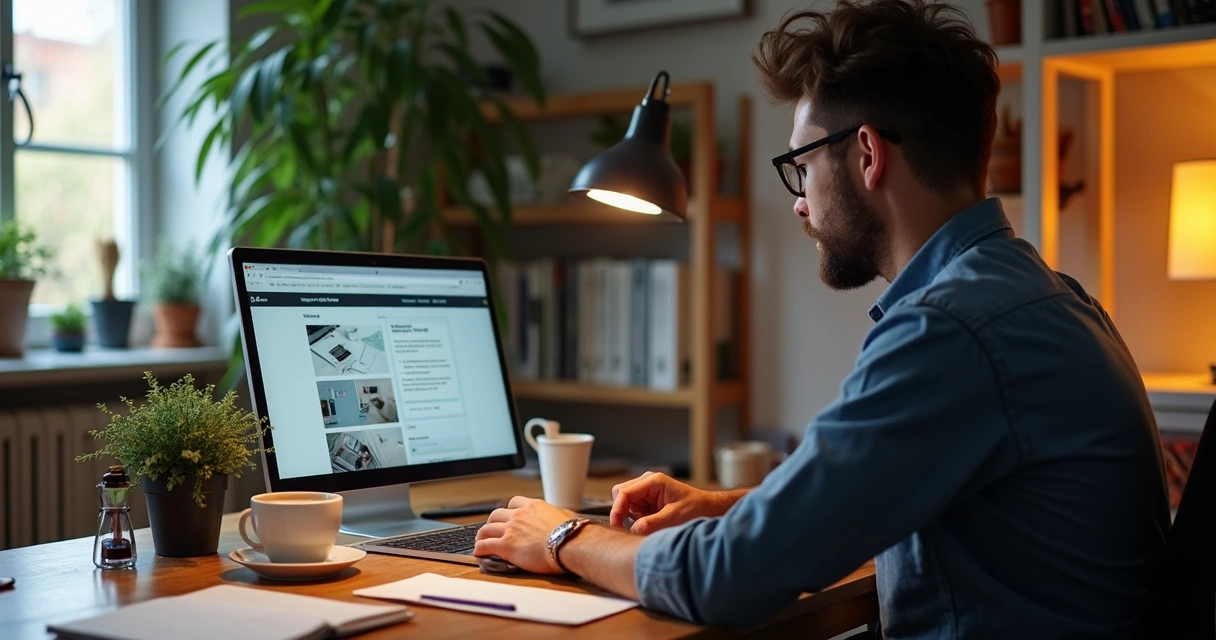 Homem usando notebook para construir site sozinho em ambiente doméstico 