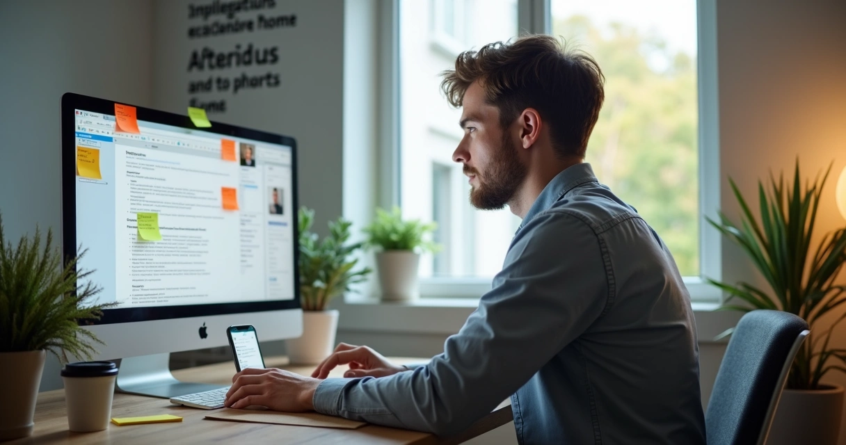 Homem analisando currículo no computador 