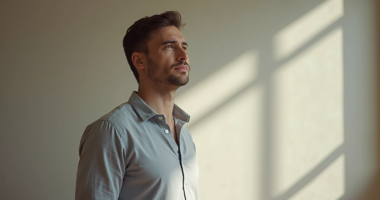 Homem na faixa dos 30 anos com expressão determinada, olhando para frente em ambiente neutro.