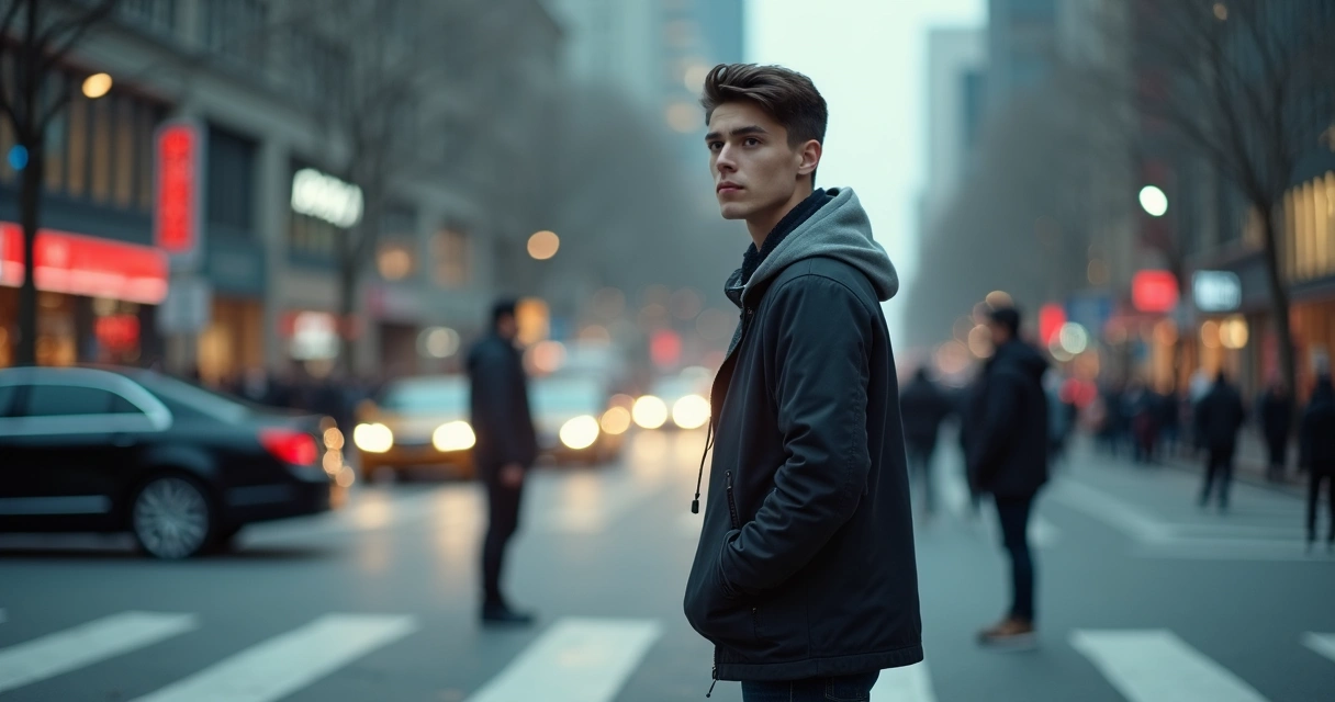 Homem em pé com expressão de decisão rápida em ambiente urbano 