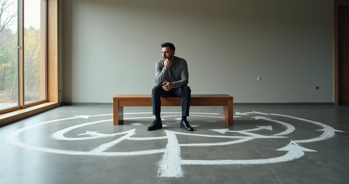 Homem sentado olhando para vários caminhos desenhados no chão 