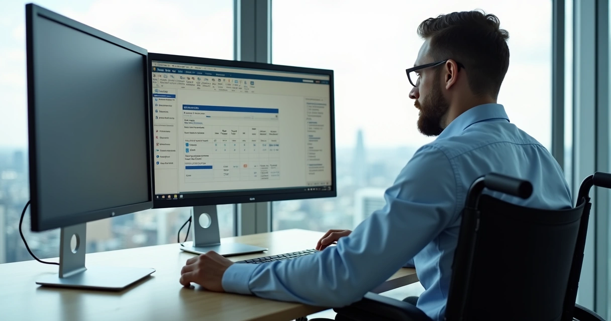 Homem com deficiência física trabalhando em escritório conectado à internet 