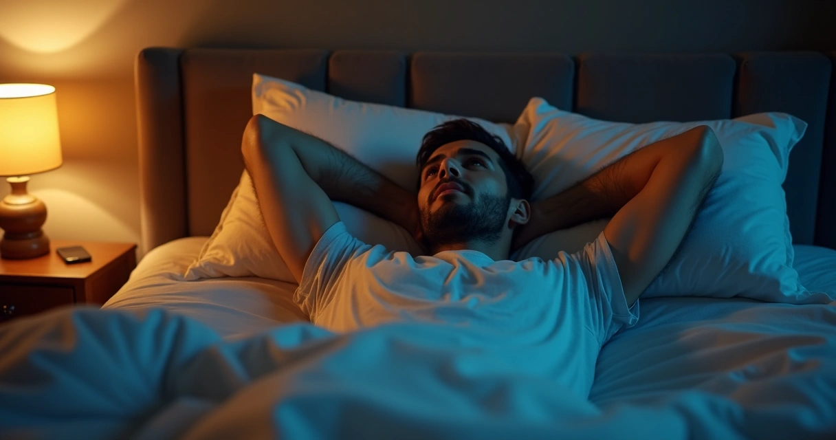 Homem deitado na cama à noite, luz suave, expressão de dúvida e preocupação 