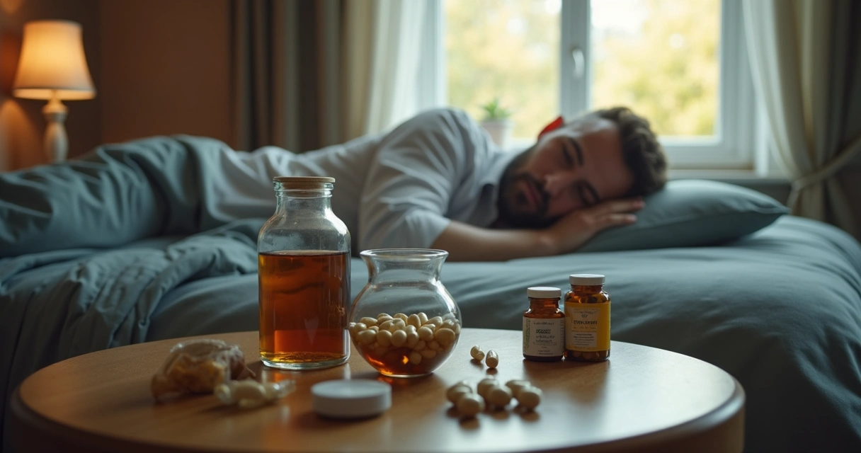 Homem deitado olhando para um bule com frascos e comprimidos sobre a mesa