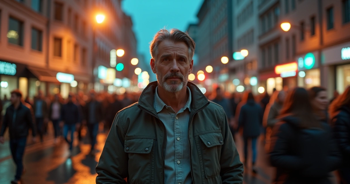 Homem em rua movimentada contrastando foco e pressa ao redor 