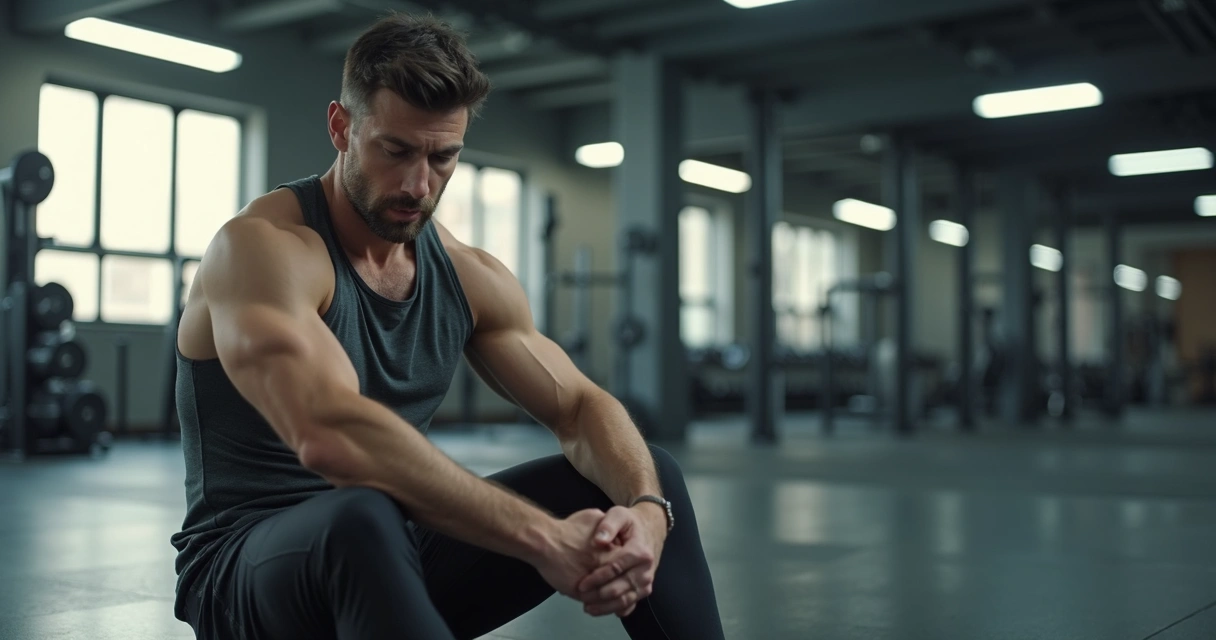 Homem cansado sentado em academia, olhando para baixo, equipamentos ao fundo. 