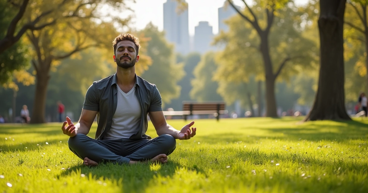 Homem sentado relaxando e meditando ao ar livre