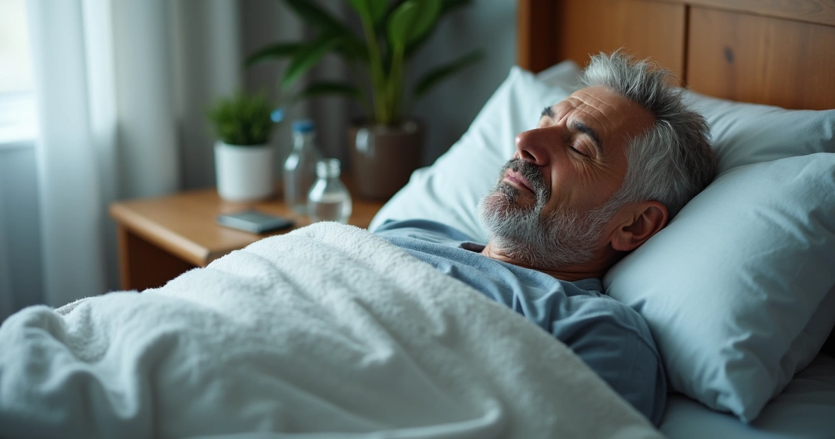 Homem deitado confortavelmente com cobertor em ambiente caseiro, repousando e tranquilo