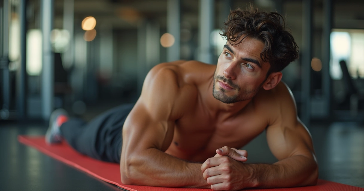 Homem descansa em colchonete após treino na academia 