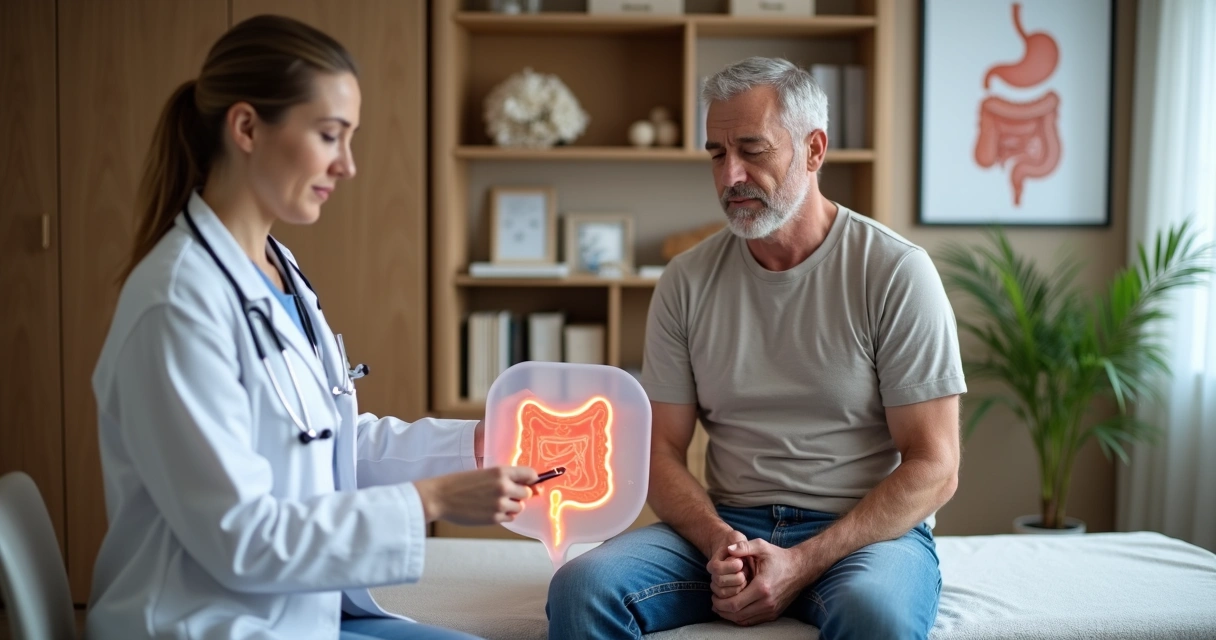Homem adulto sentado em consultório médico ilustrando região pélvica com modelo anatômico discreto 