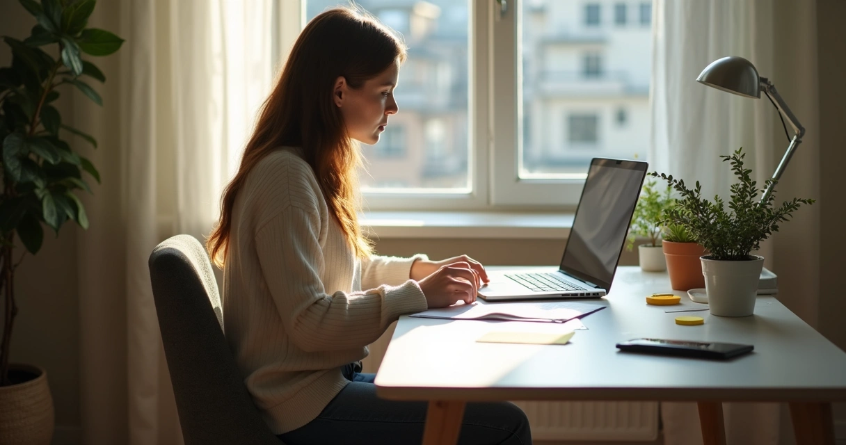 Pessoa sentada organizando documentos em mesa de escritório com pouca decoração 