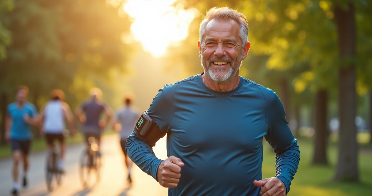 Homem com diabetes praticando exercícios, sorrindo em parque 