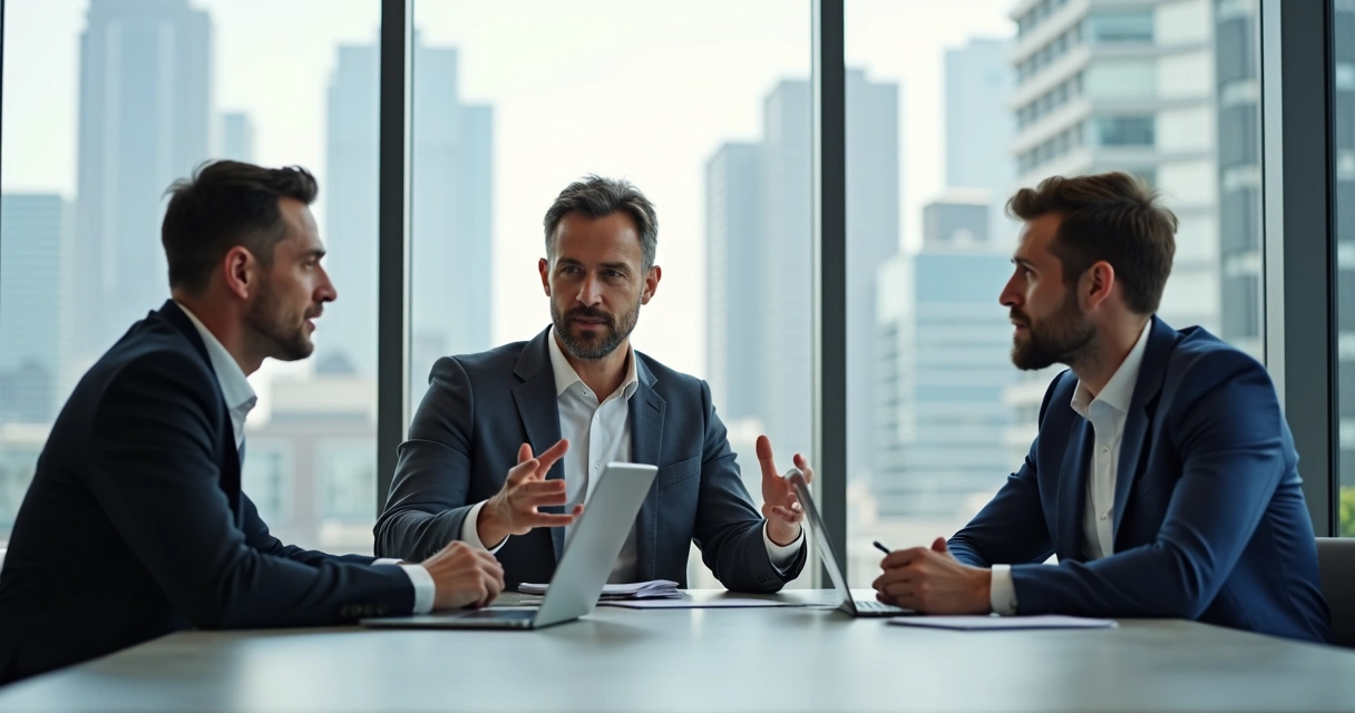 Homem explicando ideias para colegas em reunião de trabalho 