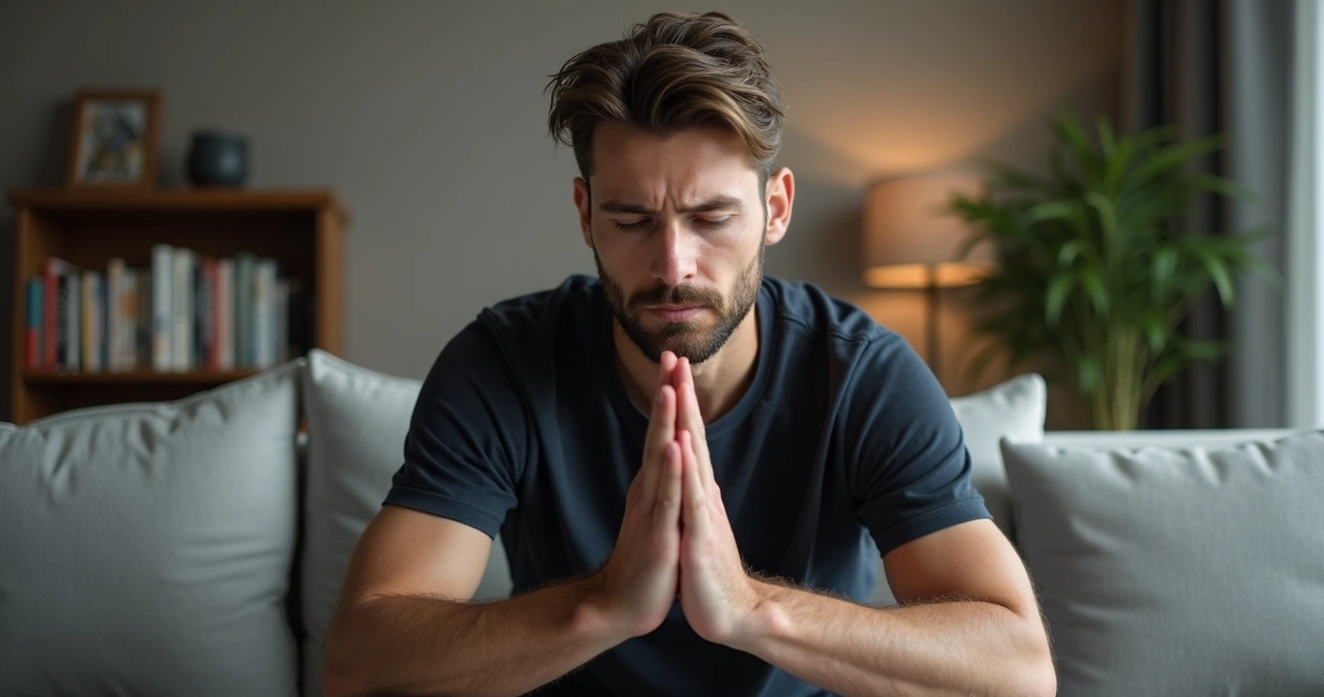 Homem sentado refletindo com expressão tranquila 