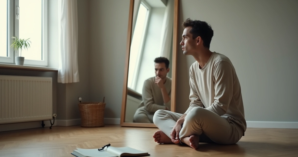 Pessoa diante de espelho com reflexos múltiplos simbolizando autossabotagem 