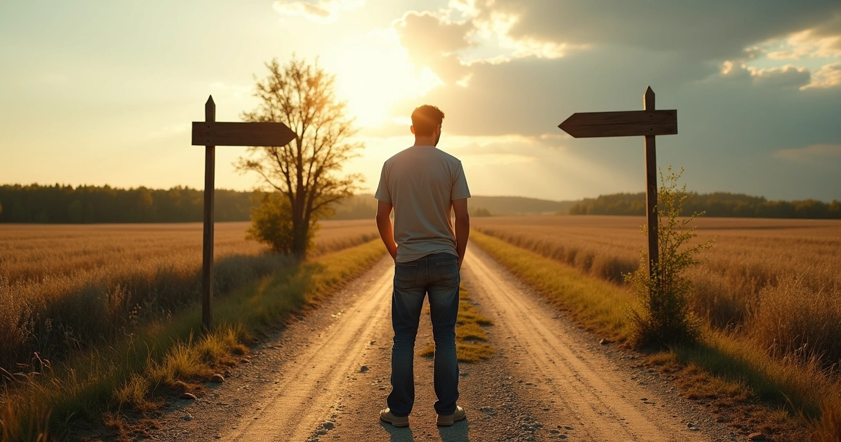Homem parado diante de uma encruzilhada com caminhos diferentes