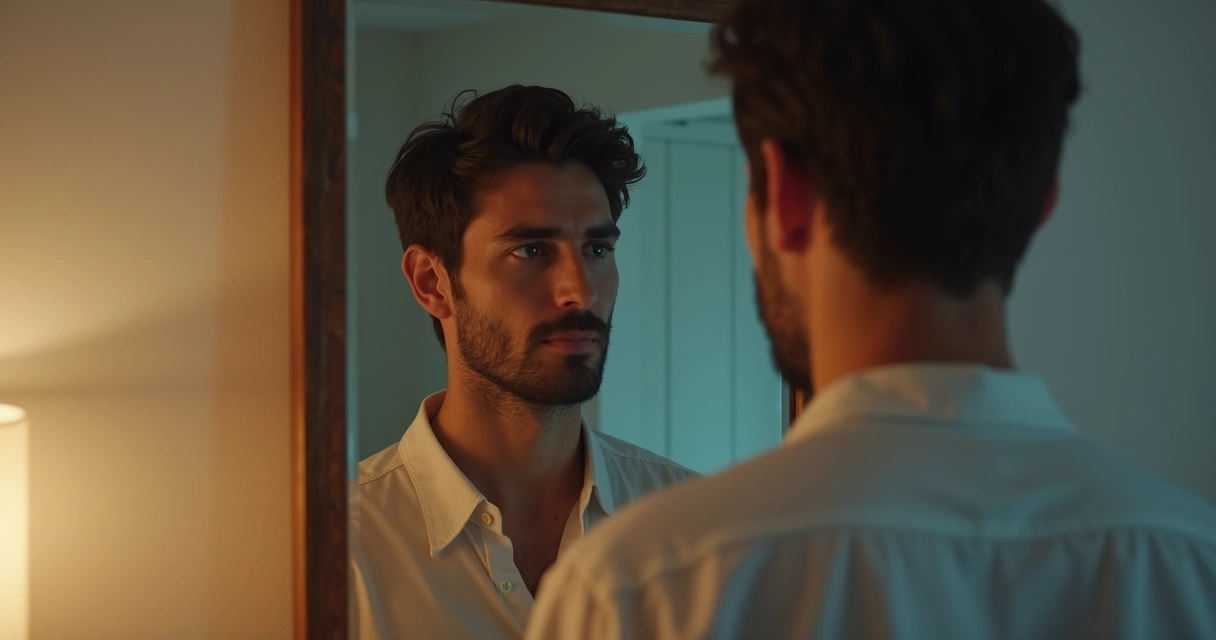 Homem olhando para si mesmo diante de um espelho