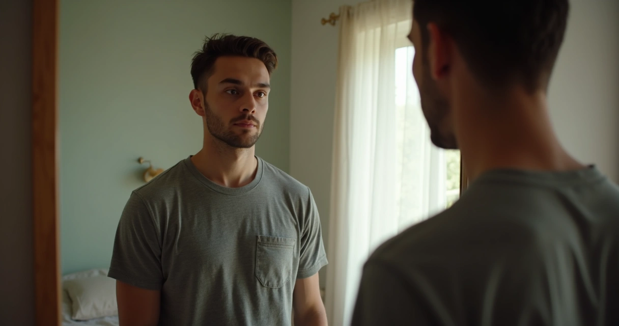 Homem introspectivo olhando no espelho 