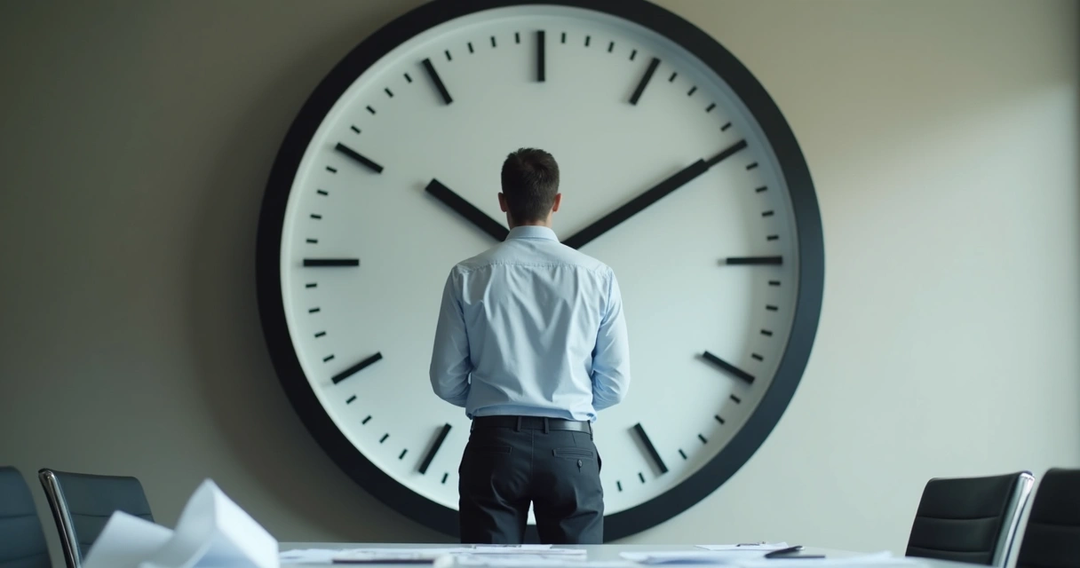 Homem observa relógio gigante simbolizando tempo passando 