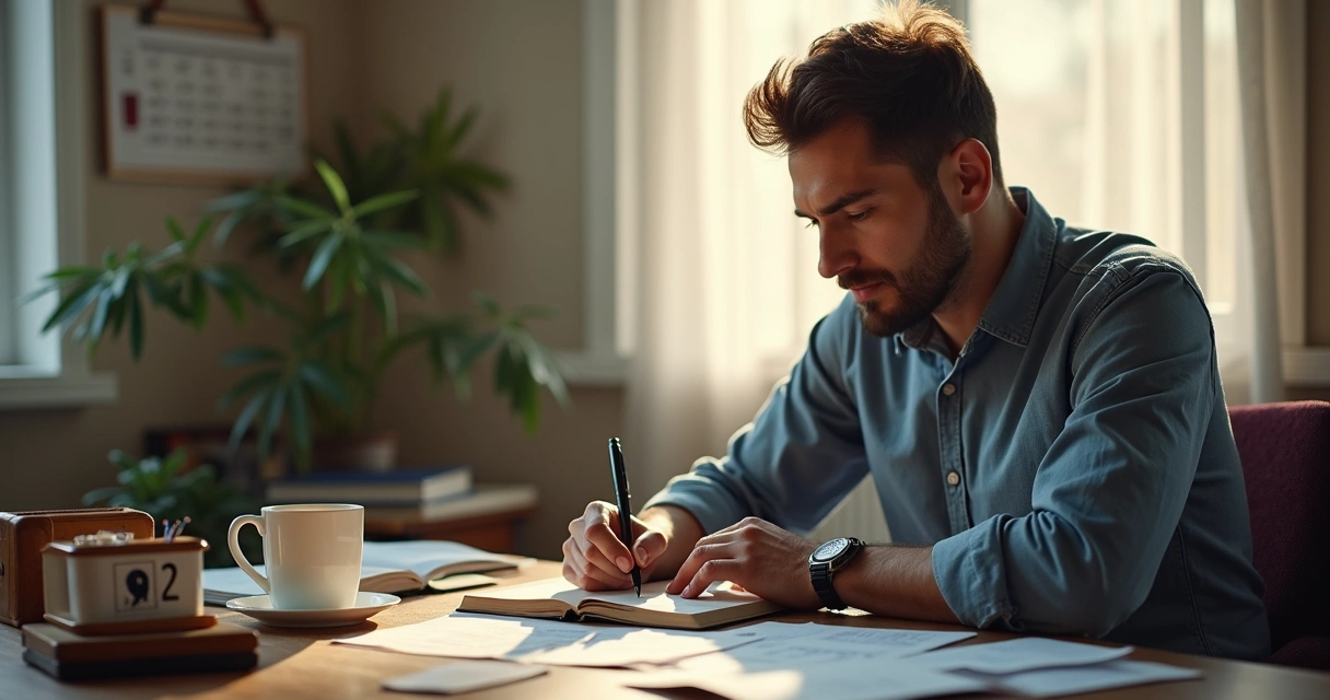Homem escrevendo em diário, sentado à mesa com café e papéis