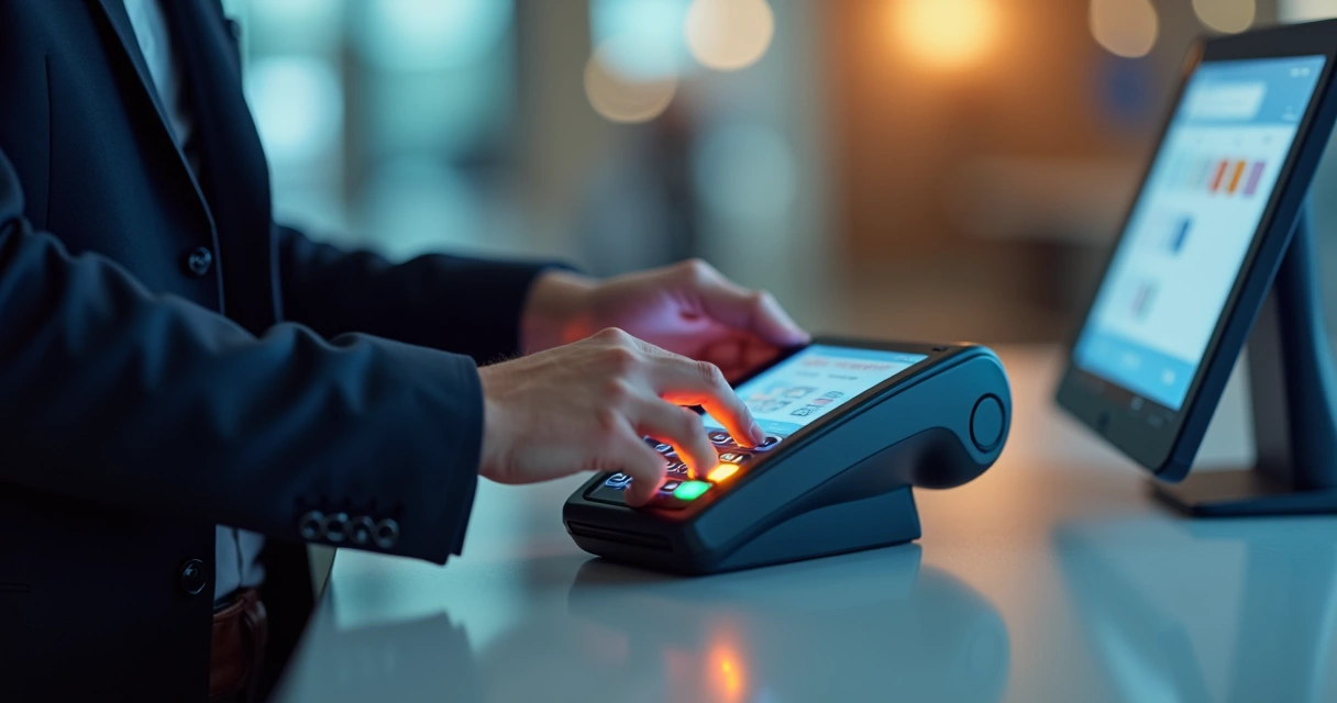 Homem digita senha em terminal de cartão bancário 