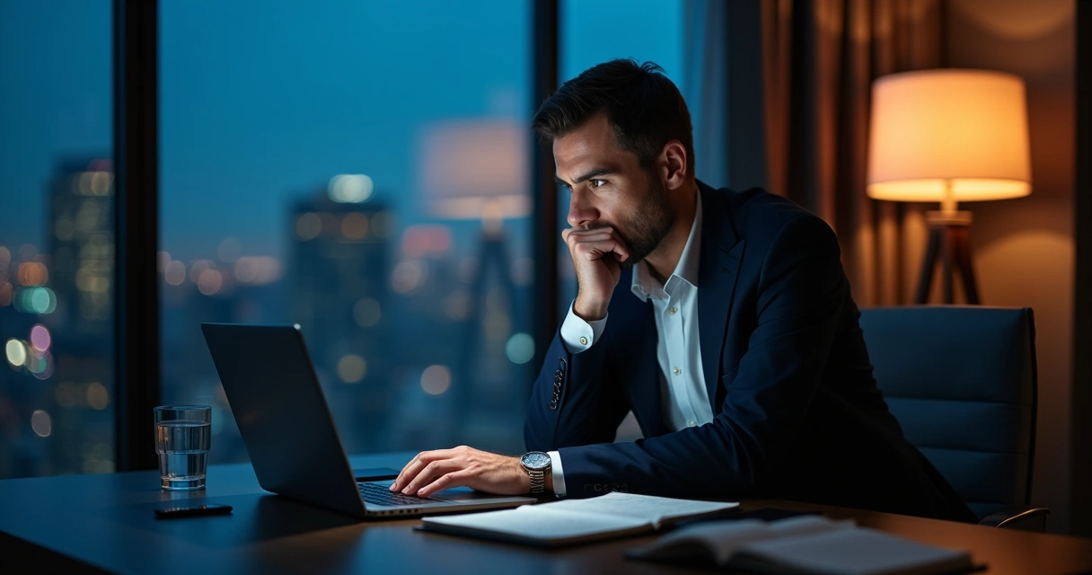 Homem em terno sentado à noite diante de notebook em consulta online confidencial 