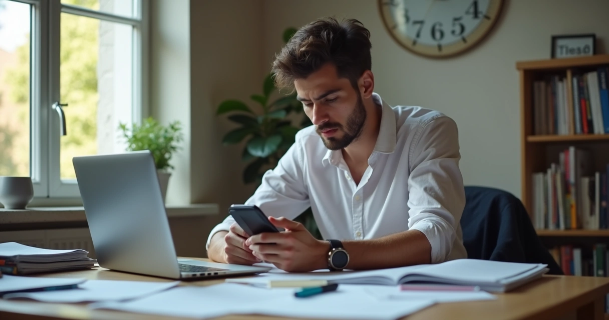 Homem olhando distraído para o celular enquanto deveria estar trabalhando na mesa 