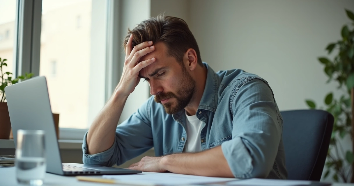 Homem sentado com dor de cabeça segurando a testa 