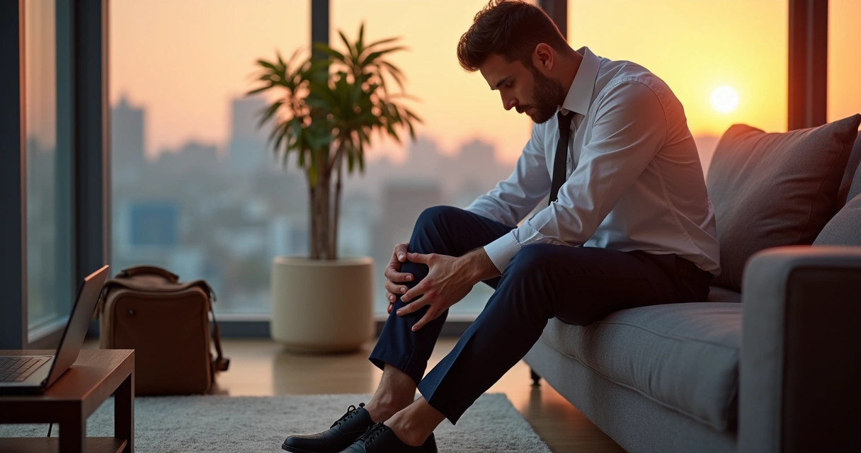 Homem jovem sentado no sofá massageando as pernas cansadas ao final do dia 