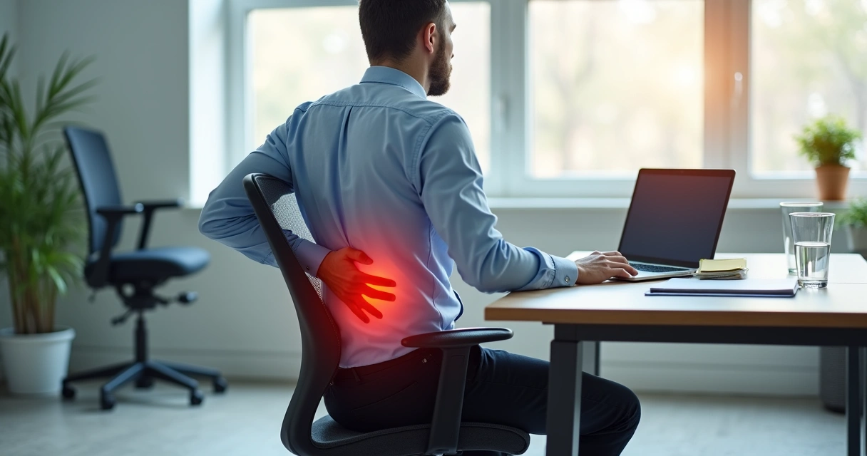 Homem sentado no trabalho ajustando postura por dor no quadril 