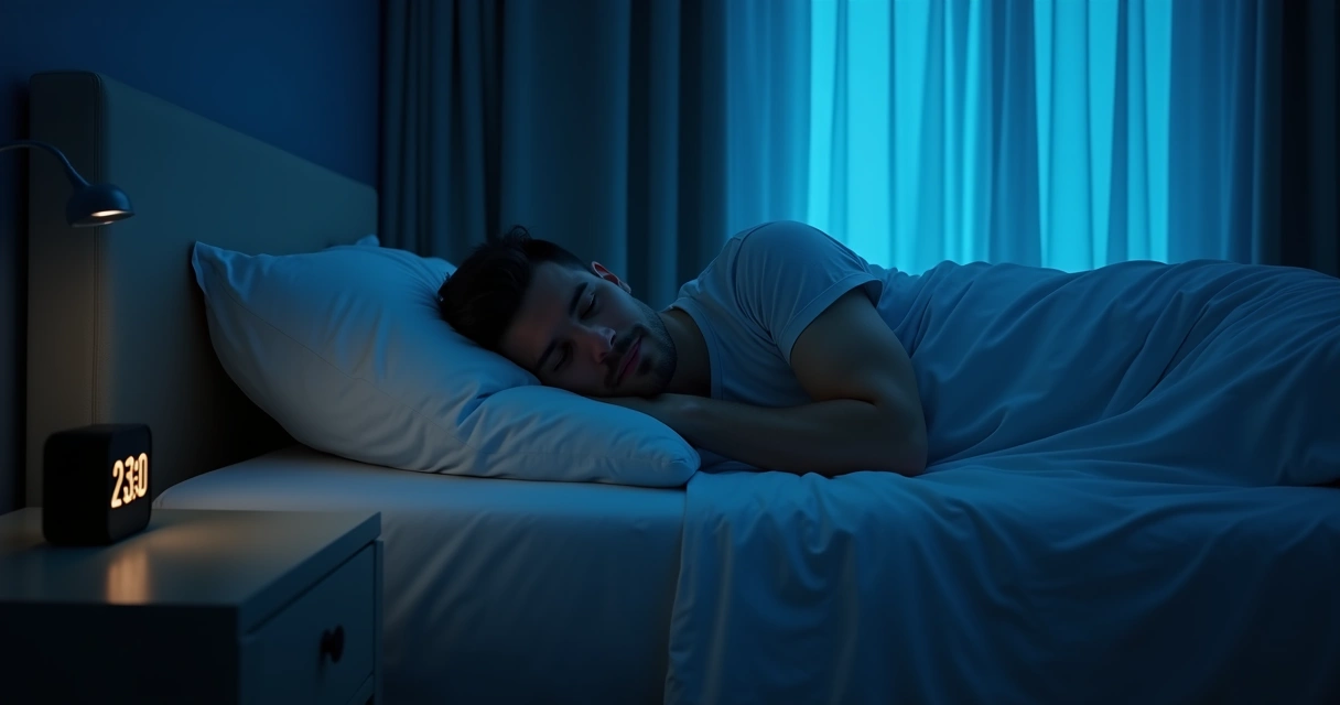 Homem deitado dormindo em uma cama em um quarto escuro. 