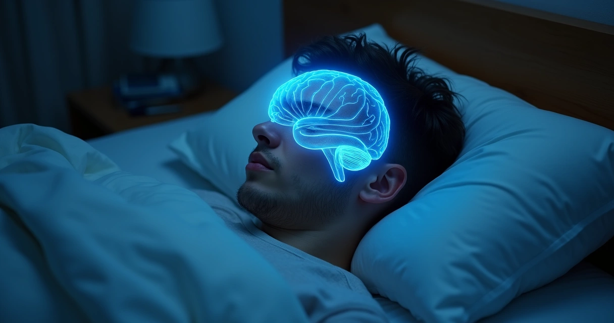 Homem deitado dormindo e sobreposição de imagem de um cérebro em azul claro