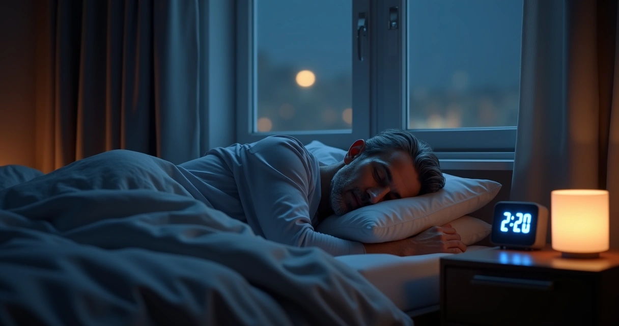 Homem dormindo em quarto escuro e calmo com travesseiros macios.