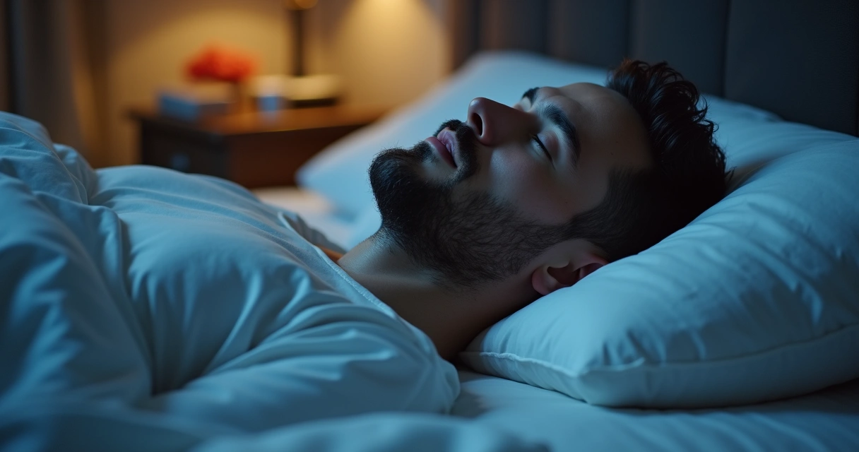 Homem deitado em cama branca respirando pelo nariz e dormindo 