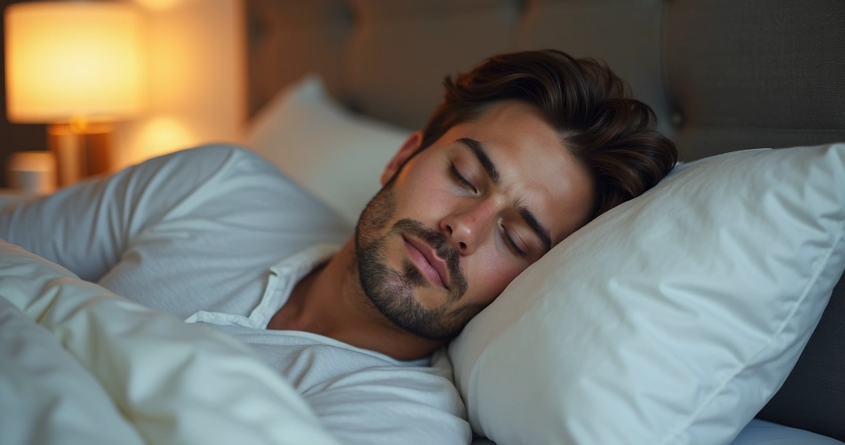 Homem deitado dormindo tranquilamente em cama moderna. 