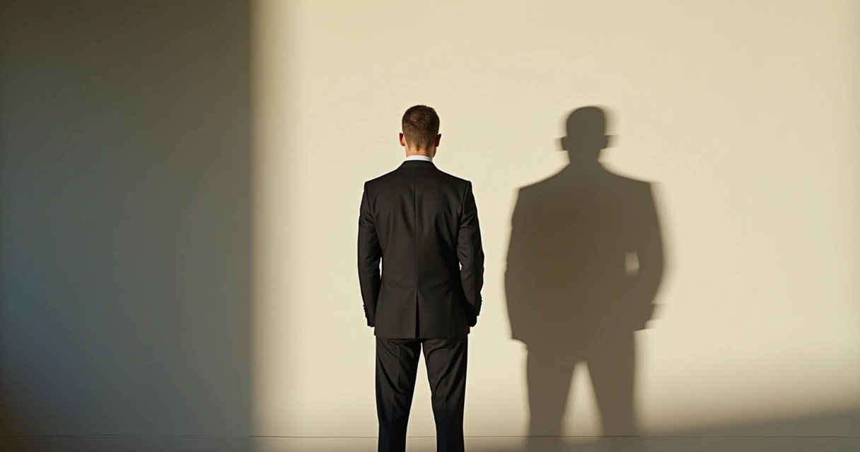 Homem parado com duas sombras opostas projetadas atrás
