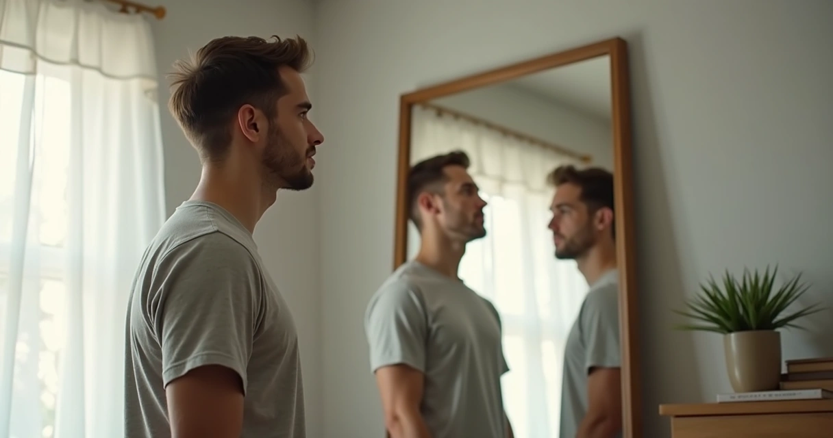 Homem jovem em pé diante de espelho analisando a si mesmo 