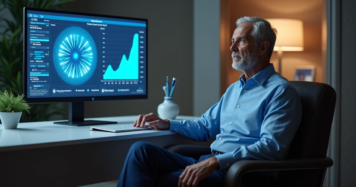 Homem adulto em ambiente clínico moderno com tela digital e interface de biofeedback ao fundo 