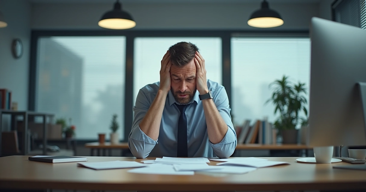Homem sentado em escritório com luz artificial e expressão cansada, representando impacto do ambiente no corpo 