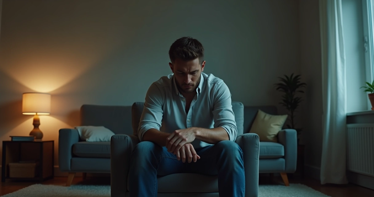 Homem sentado com expressão preocupada olhando para baixo em um ambiente silencioso