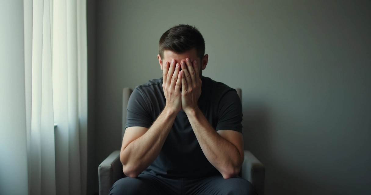 Homem sentado olhando para baixo, mãos no rosto, em ambiente neutro