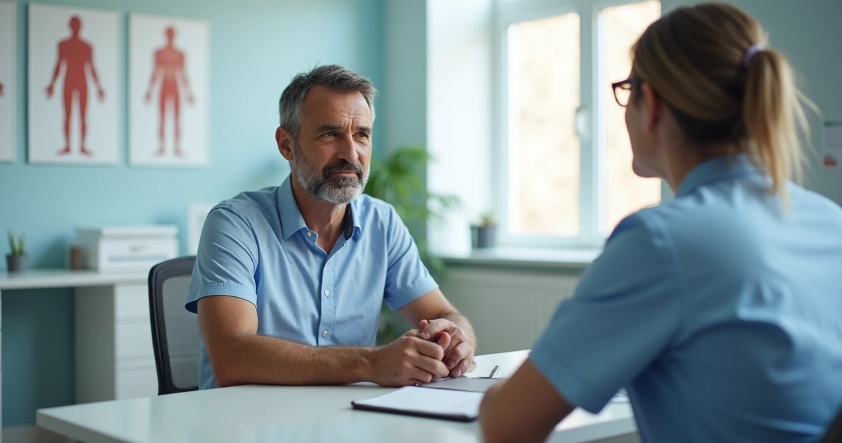 Homem adulto conversando com médico em consultório 