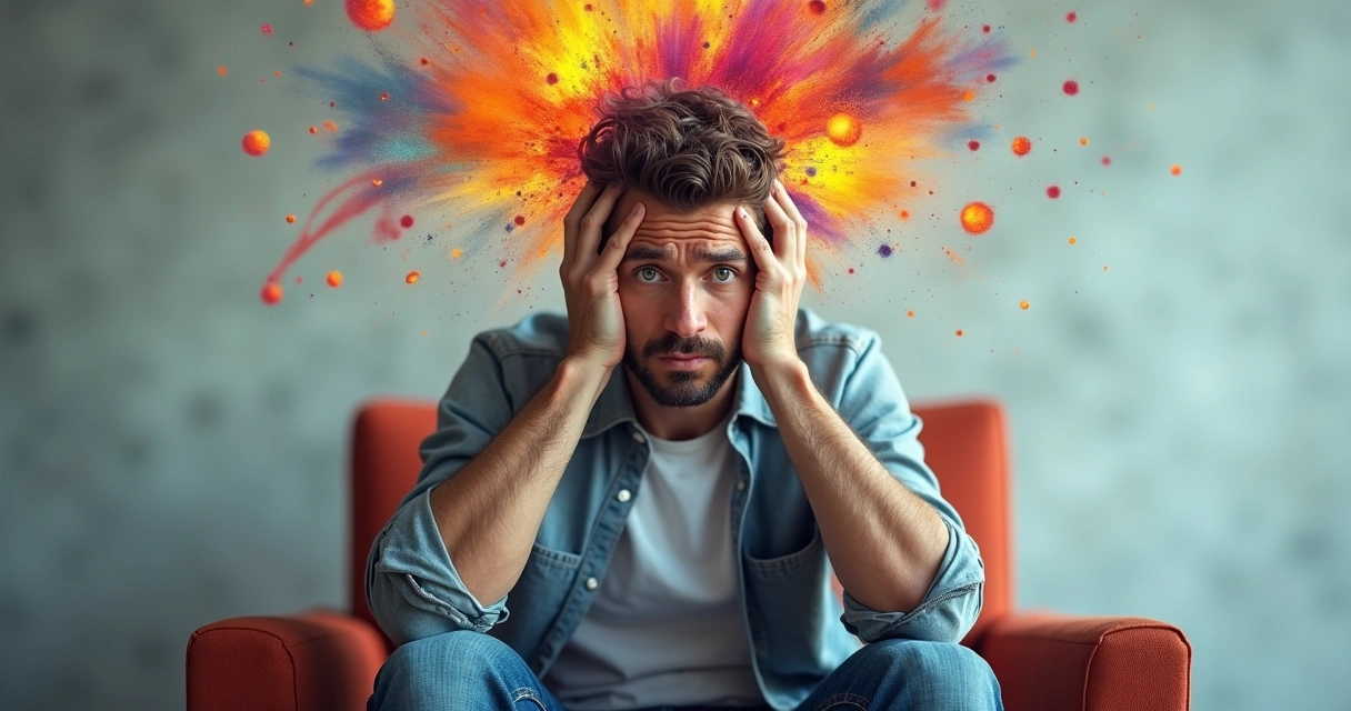 Homem sentado segurando a cabeça parecendo confuso com emoções explodindo ao redor