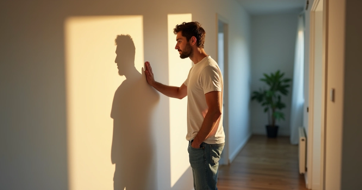 Homem refletido em parede com sombra colorida divergente 