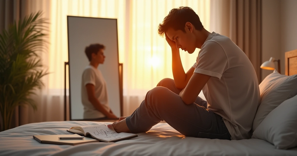 Pessoa refletindo diante do espelho com versão confiante de si mesma ao fundo 