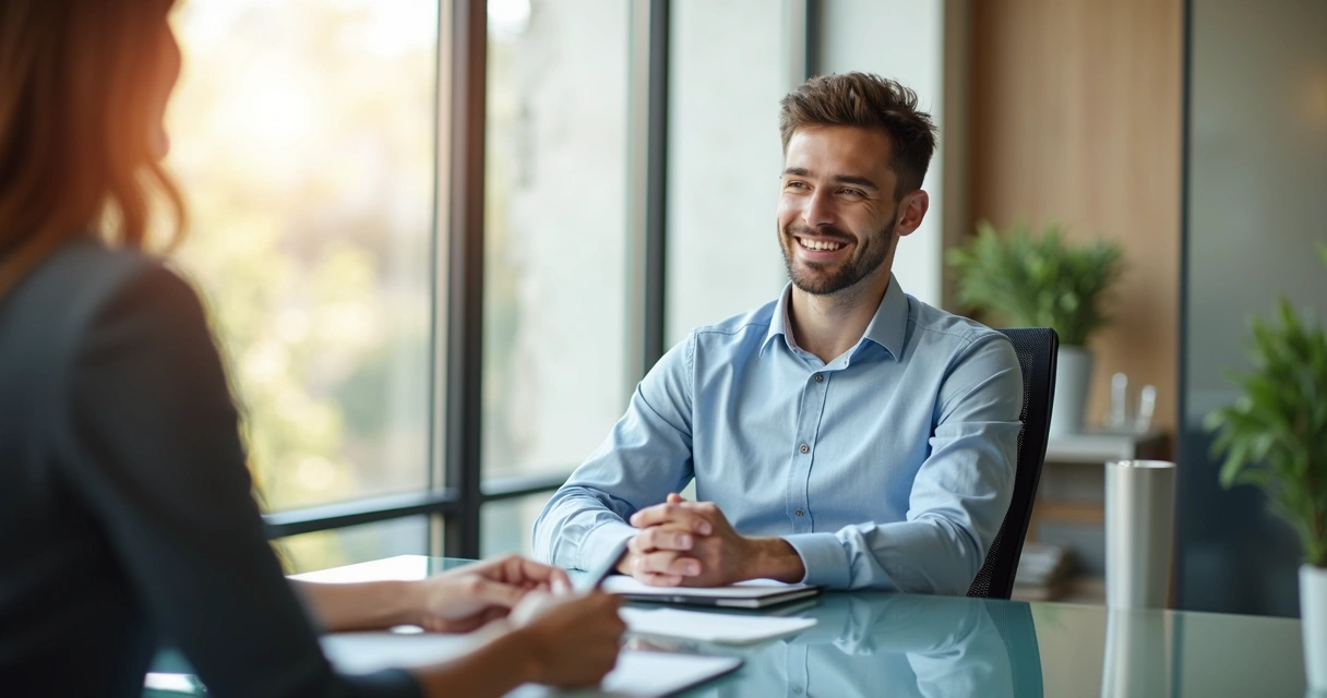Homem sentado em uma cadeira conversando em entrevista de emprego