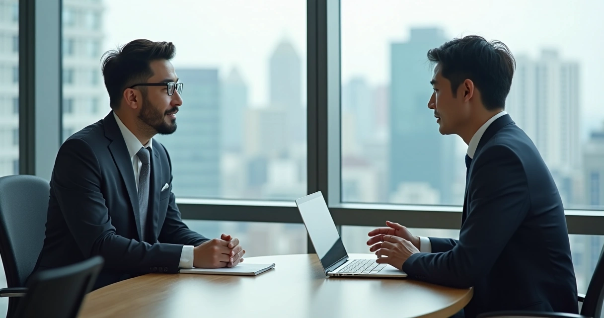 Homem sentado em entrevista de emprego com gerente japonês em escritório moderno 
