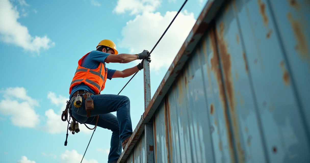 Homem usando equipamento de proteção individual trabalha fixando estrutura em altura na lateral de uma parede industrial. 