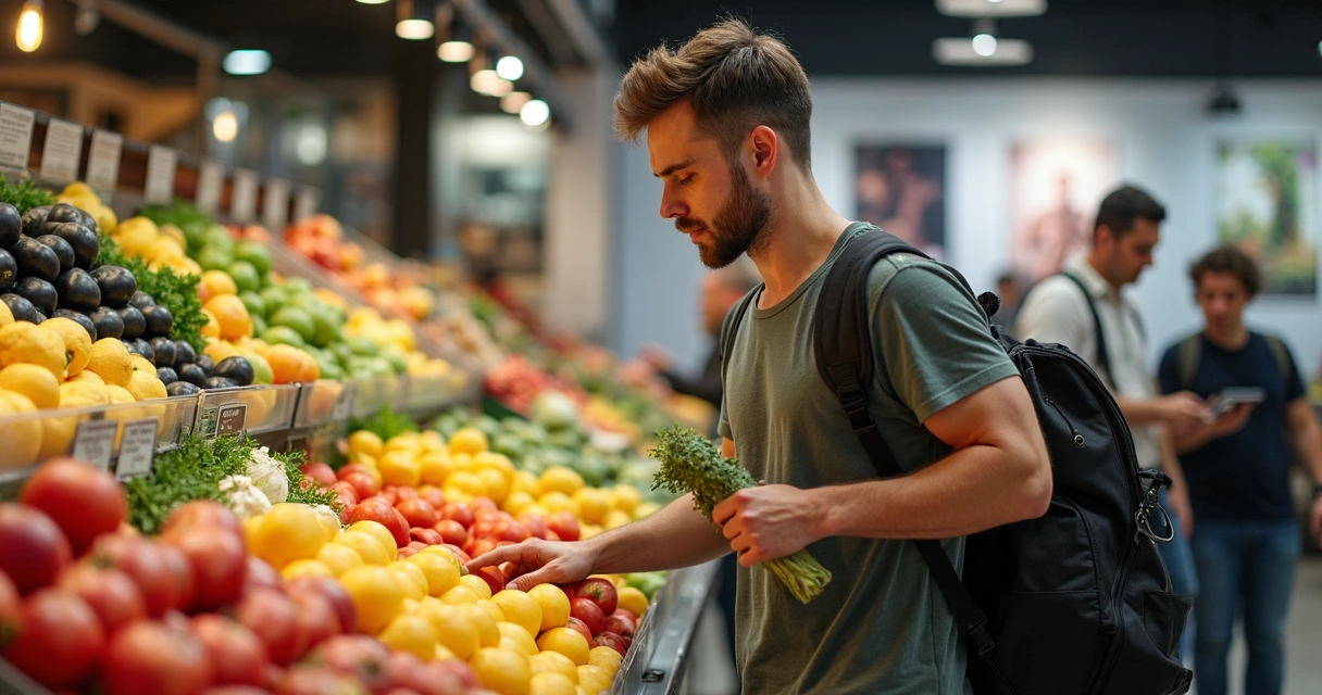 Homem jovem escolhendo alimentos saudáveis e praticando atividade física 